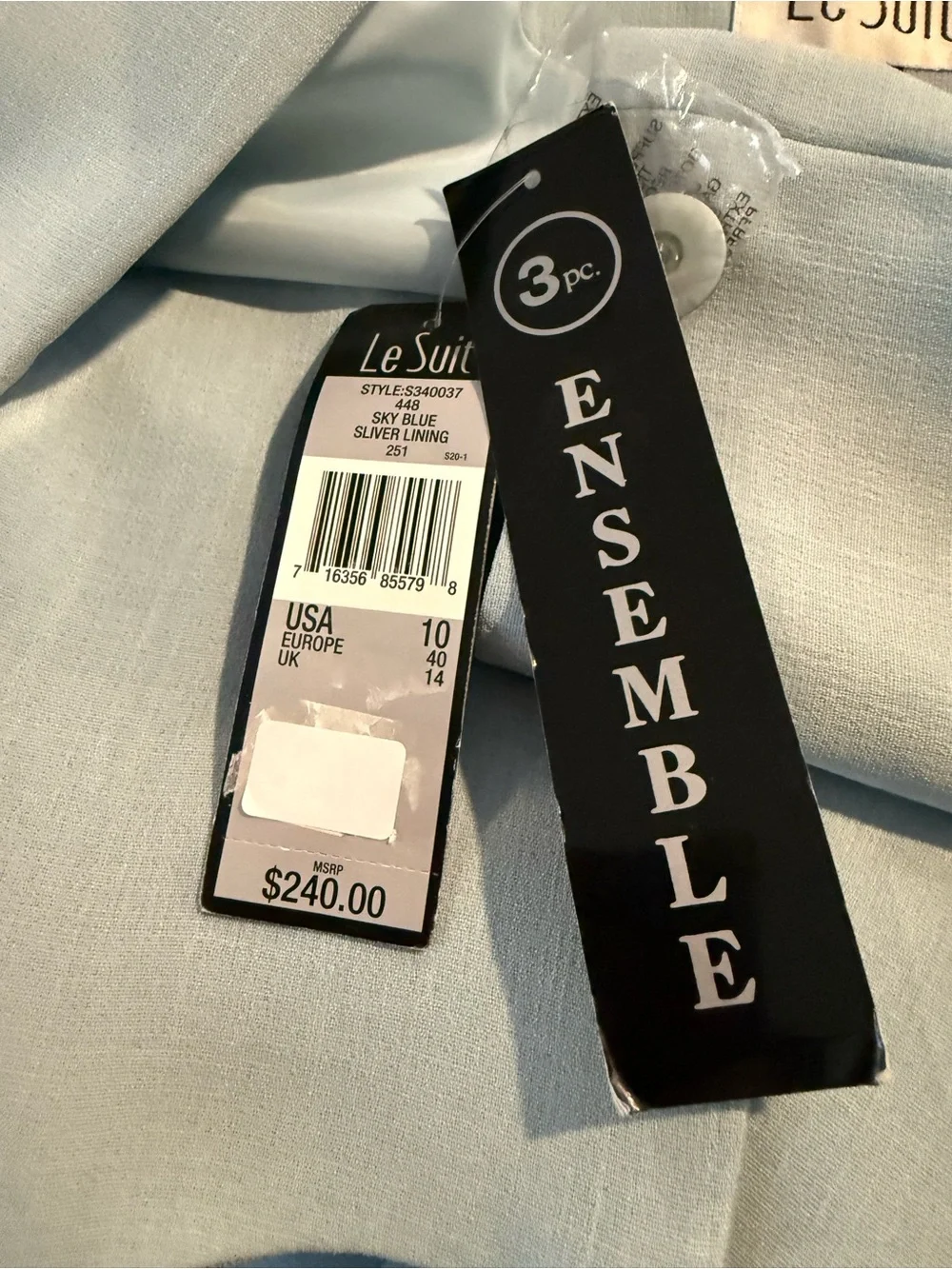 NWT Le Suit Skirt Suit Women's Size 10 Light Blue 3-Piece Set Blazer/Shell/Skirt